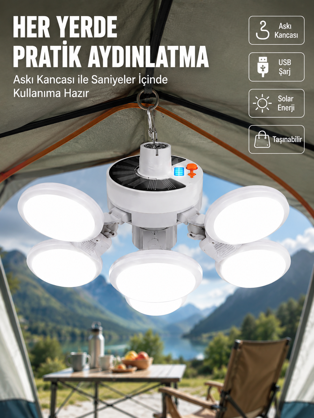 USB ve Solar Şarjlı Katlanabilir 5 Taraflı LED Lamba - Lisinya USB ve Solar Şarjlı Katlanabilir 5 Taraflı LED Lamba - Lisinya