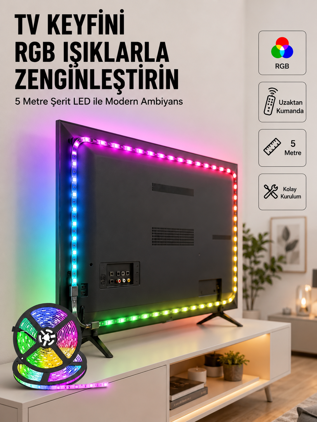 Enerji Tasarruflu RGB Şerit LED 5 Metre - Lisinya