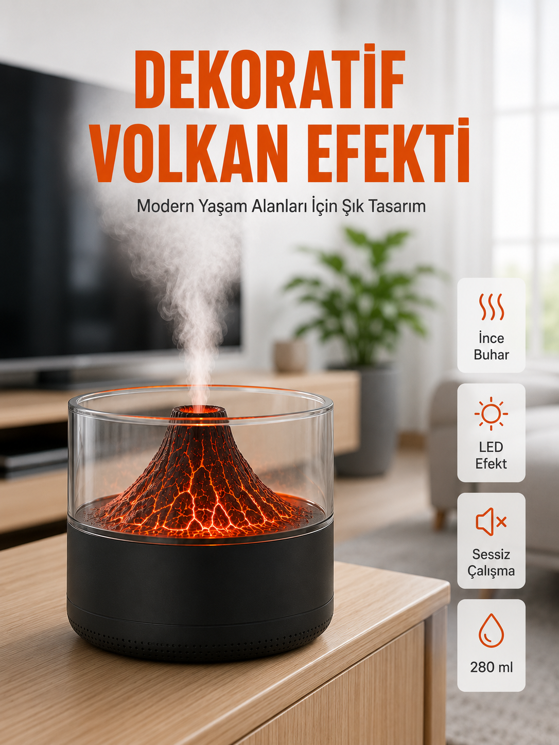 Volkanik Tasarımlı LED Işıklı Ultrasonik Nemlendirici - Lisinya