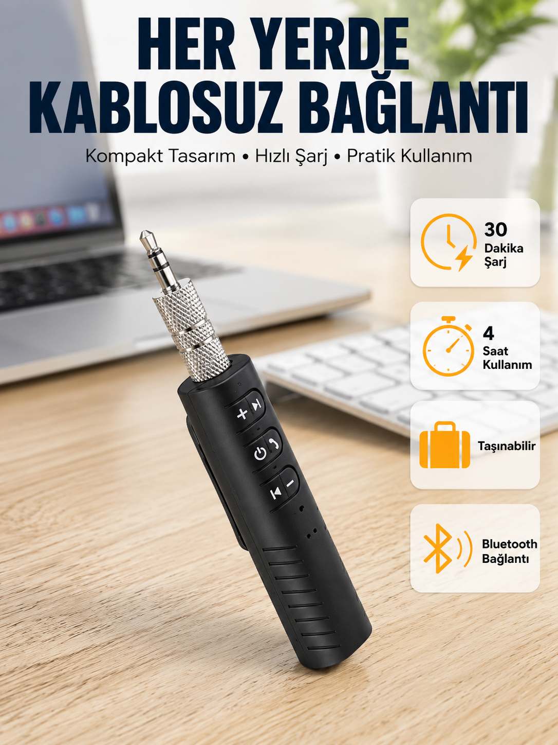 Taşınabilir Bluetooth 4.1 Ses Adaptörü – 10 Metre Çekim Mesafesi - Lisinya
