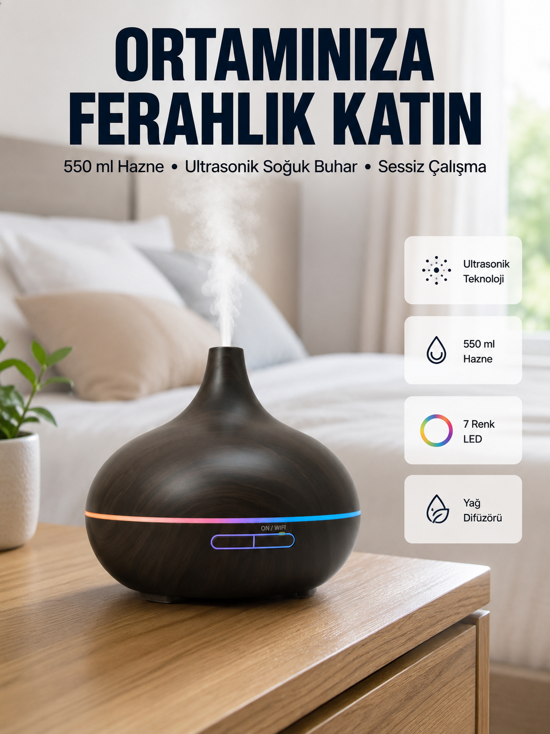BN01 Uçucu Yağ Uyumlu Renkli LED Işıklı Nemlendirici - Lisinya BN01 Uçucu Yağ Uyumlu Renkli LED Işıklı Nemlendirici - Lisinya