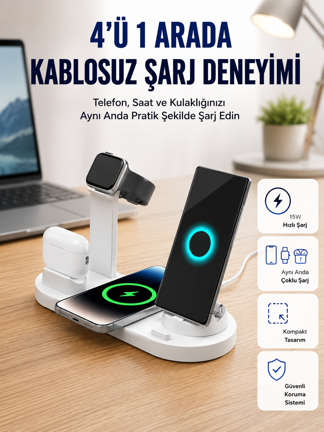 Masaüstü Düzenleyici 4’ü 1 Arada Kablosuz Şarj Aksesuarı Yeni Nesil - Lisinya Masaüstü Düzenleyici 4’ü 1 Arada Kablosuz Şarj Aksesuarı Yeni Nesil - Lisinya