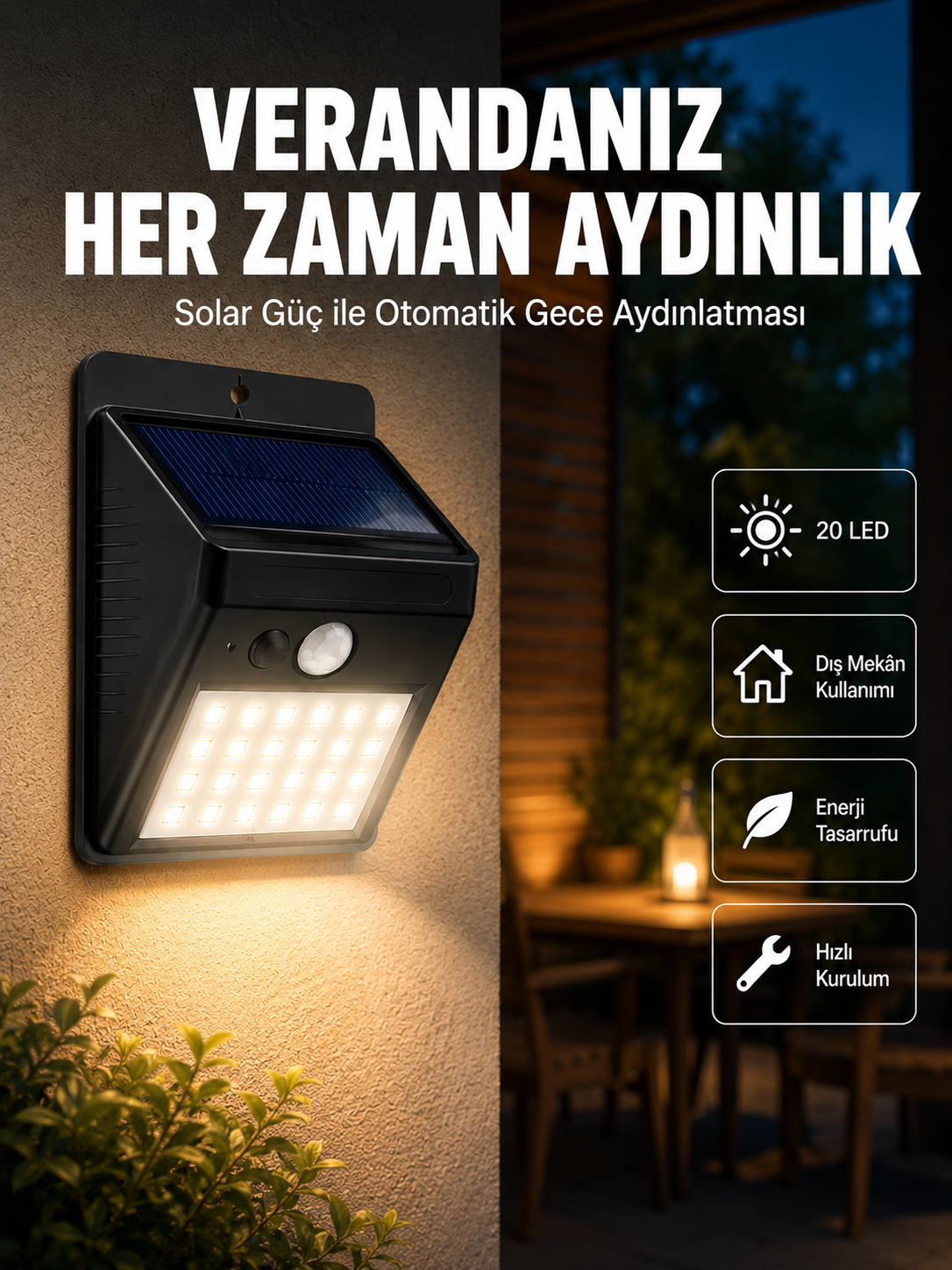 Bahçe ve Dış Mekanlar İçin Güneş Enerjili 20 LED Hareket Sensörlü Lamba Yeni Nesil - Lisinya