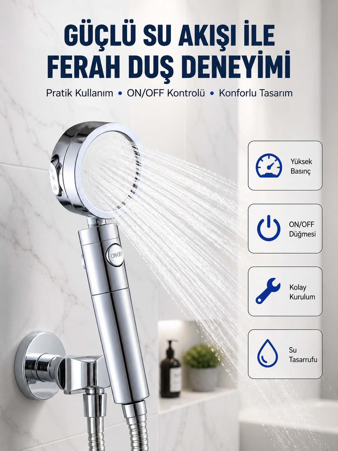 Şelale Sisi ve Masaj Özellikli Banyo Duş Başlığı - Lisinya