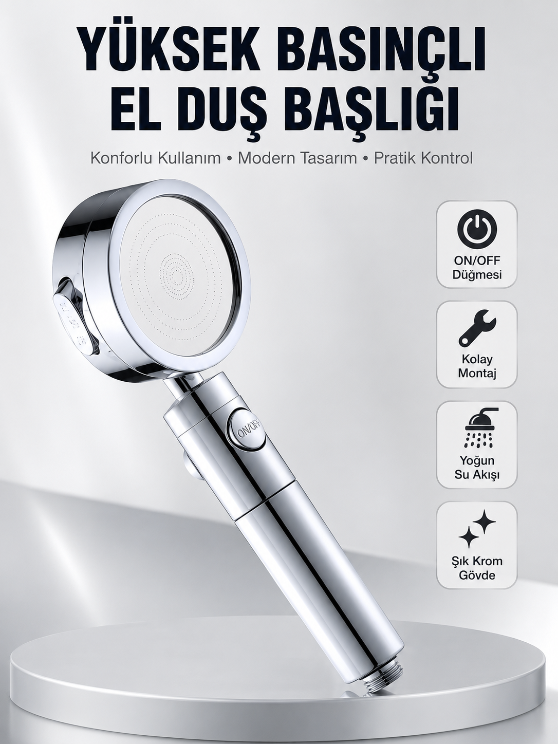 Kolay Montajlı 3 Modlu Yüksek Basınç Duş Başlığı - Lisinya Kolay Montajlı 3 Modlu Yüksek Basınç Duş Başlığı - Lisinya