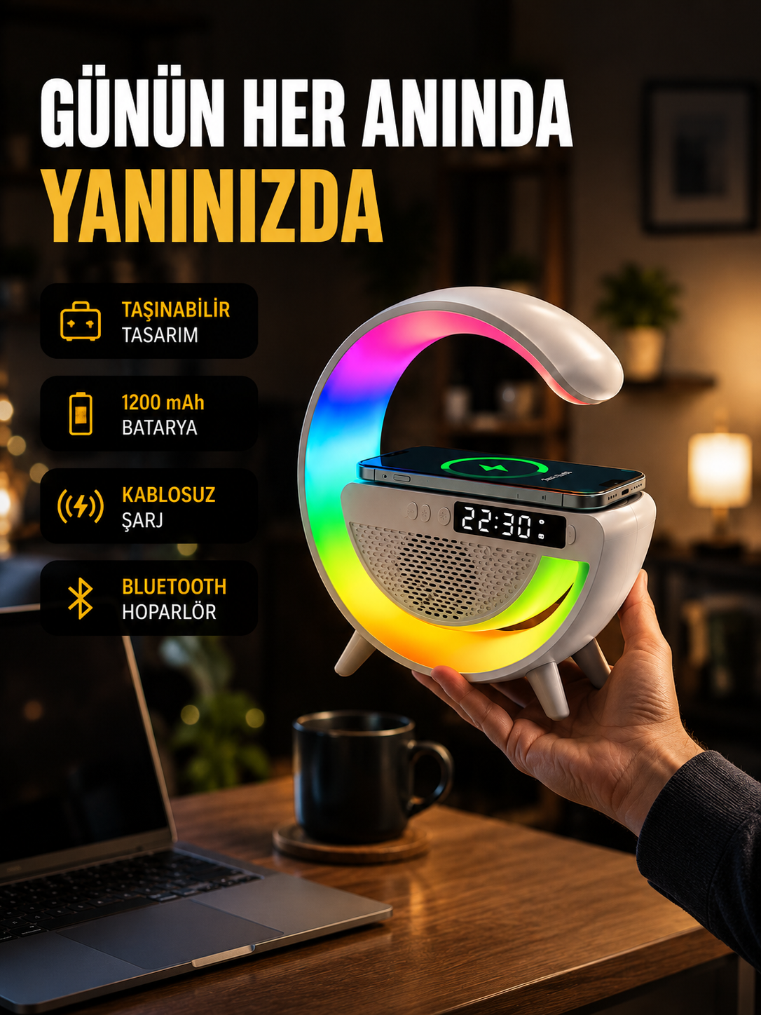 Kablosuz Şarjlı LED Masa Lambası Çalar Saat ve Beyaz Gürültü Özellikli - Lisinya