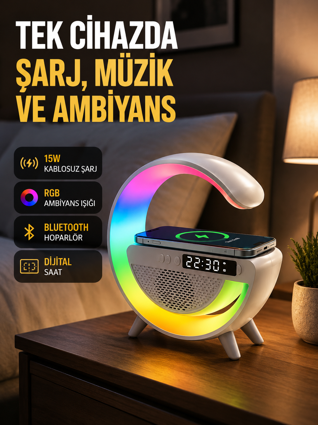 2025 Model 15W Kablosuz Şarjlı Renkli Atmosfer Lambası - Lisinya