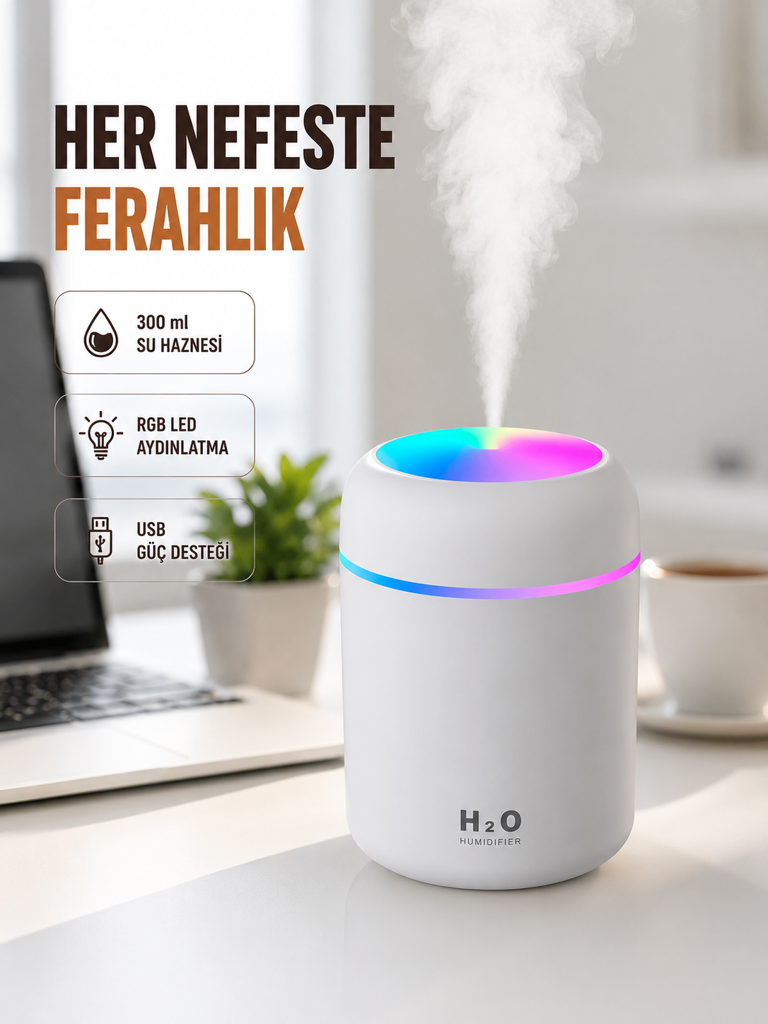ABS Gövdeli 300ml USB Nemlendirici – Beyaz, Gri, Pembe Renk - Lisinya ABS Gövdeli 300ml USB Nemlendirici – Beyaz, Gri, Pembe Renk - Lisinya