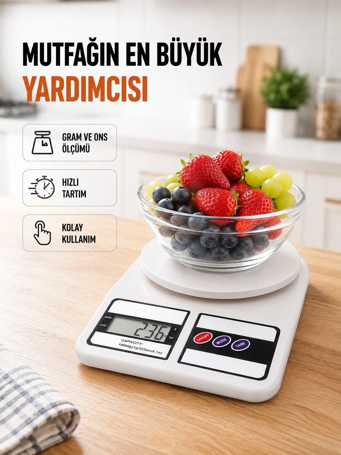Beyaz Plastik Dijital Mutfak Tartısı – 24x16.8x1.5cm - Lisinya