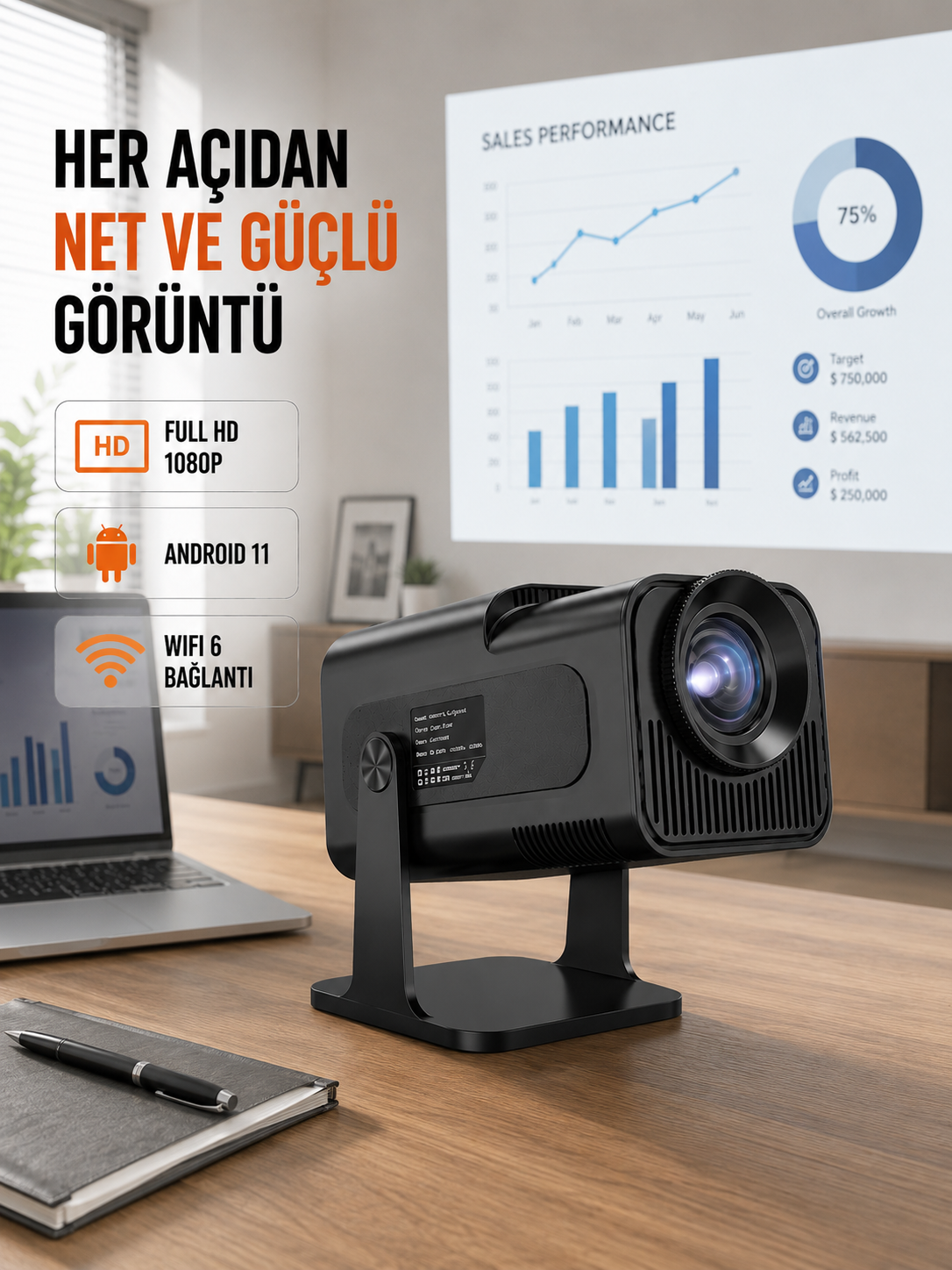 Taşınabilir Full HD Projektör - 1 GB RAM, 8 GB Hafıza Yeni Nesil - Lisinya