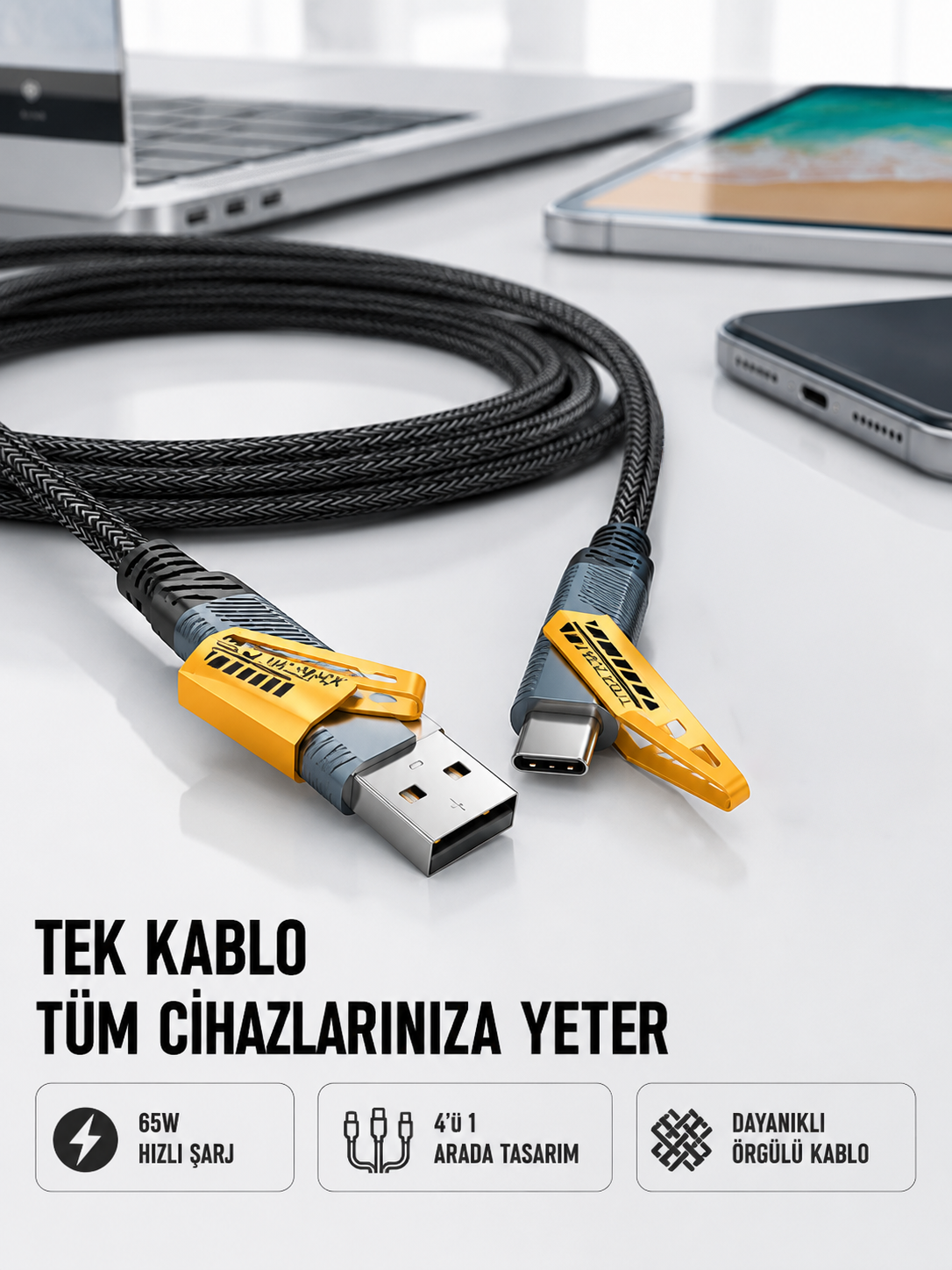 Örgülü Tasarım 4’ü 1 Arada USB-C Lightning Hızlı Şarj Kablosu - Lisinya Örgülü Tasarım 4’ü 1 Arada USB-C Lightning Hızlı Şarj Kablosu - Lisinya