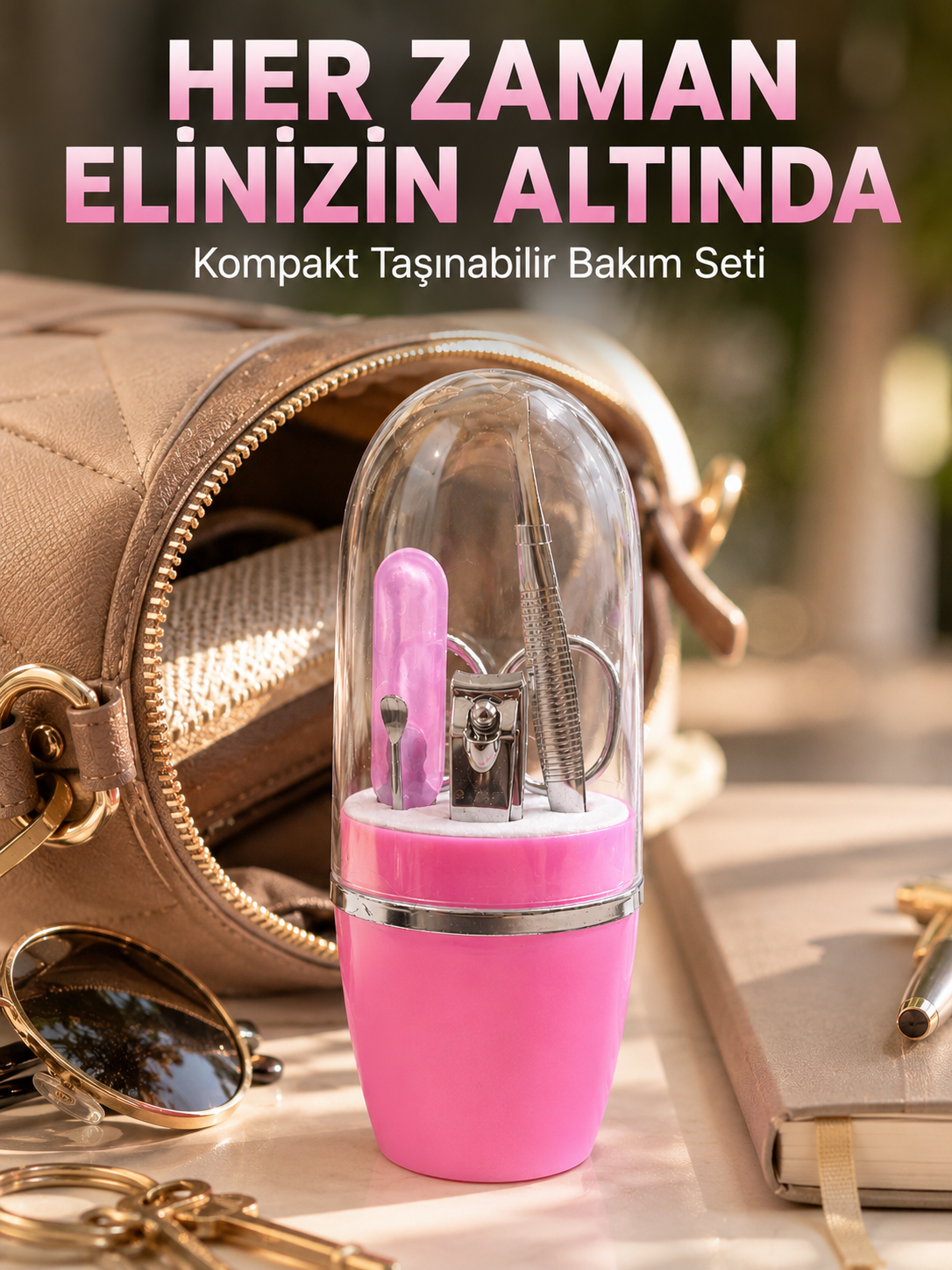 Pembe Manikür Pedikür Bakım Seti Cımbız Tırnak Makası Makas Törpü - Lisinya