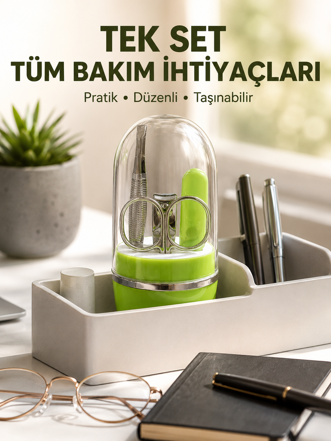 Yeşil Tırnak Bakım Seti Cımbız Makas Tırnak Makası ve Törpü - Lisinya