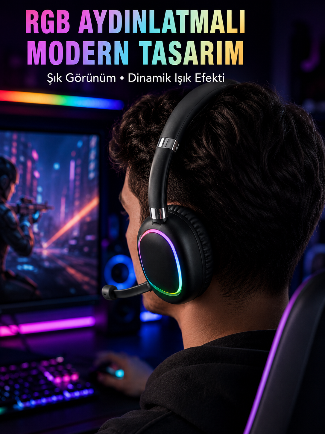 RGB Işıklı Bluetooth Mikrofonlu Kulaklık Uzun Süreli Kullanım Type-C Şarjlı - Lisinya RGB Işıklı Bluetooth Mikrofonlu Kulaklık Uzun Süreli Kullanım Type-C Şarjlı - Lisinya