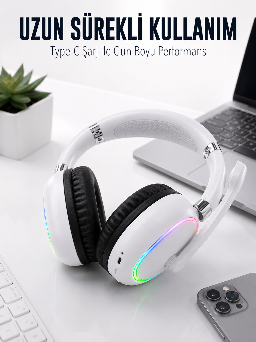 Beyaz Bluetooth 5.0 Mikrofonlu Kablosuz Kulak Üstü Kulaklık RGB Işıklı Type-C Şarjlı - Lisinya Beyaz Bluetooth 5.0 Mikrofonlu Kablosuz Kulak Üstü Kulaklık RGB Işıklı Type-C Şarjlı - Lisinya