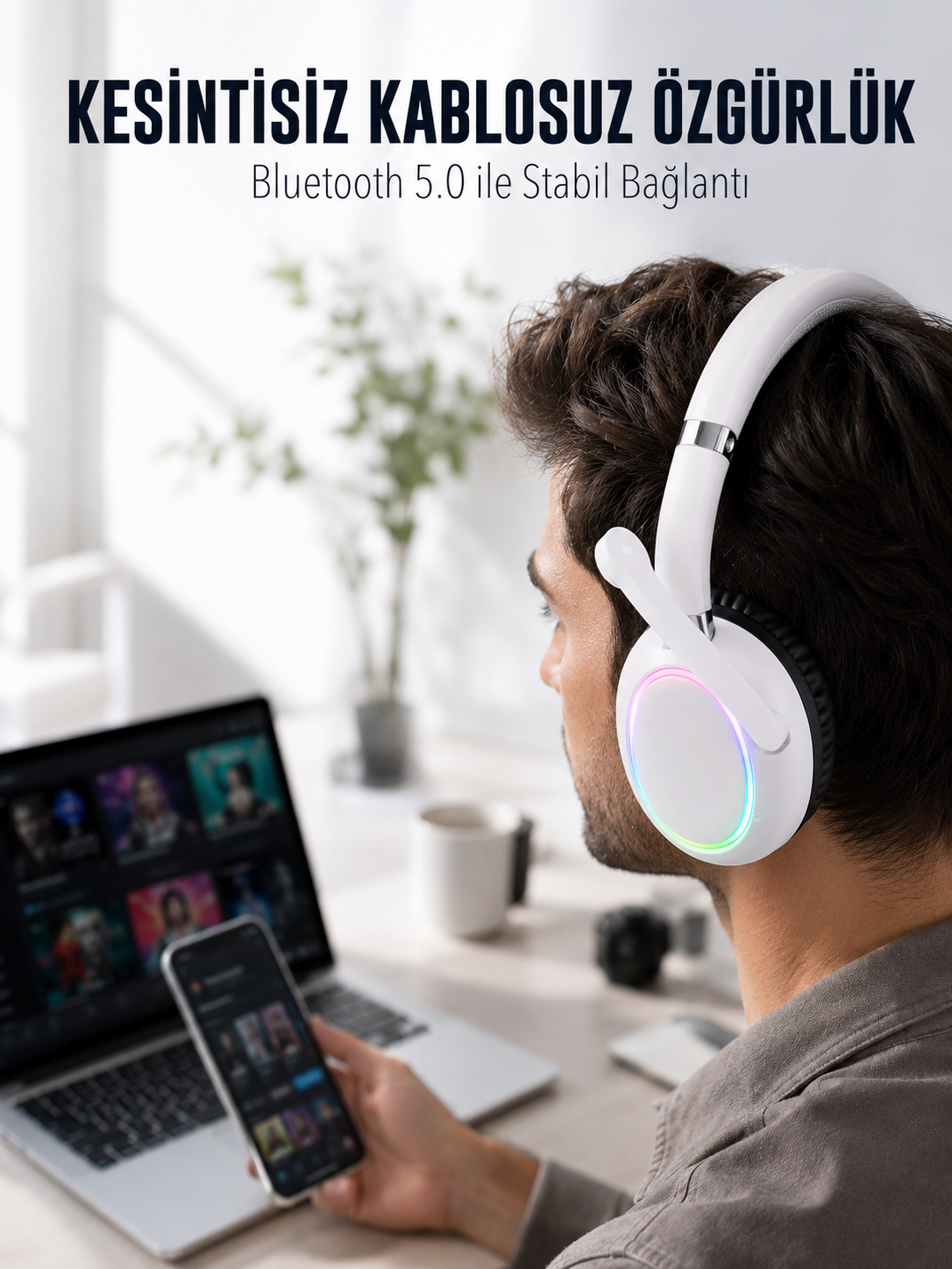 RGB Işıklı Mikrofonlu Bluetooth Kulaklık Beyaz Over-Ear Tasarım Type-C Şarjlı - Lisinya RGB Işıklı Mikrofonlu Bluetooth Kulaklık Beyaz Over-Ear Tasarım Type-C Şarjlı - Lisinya