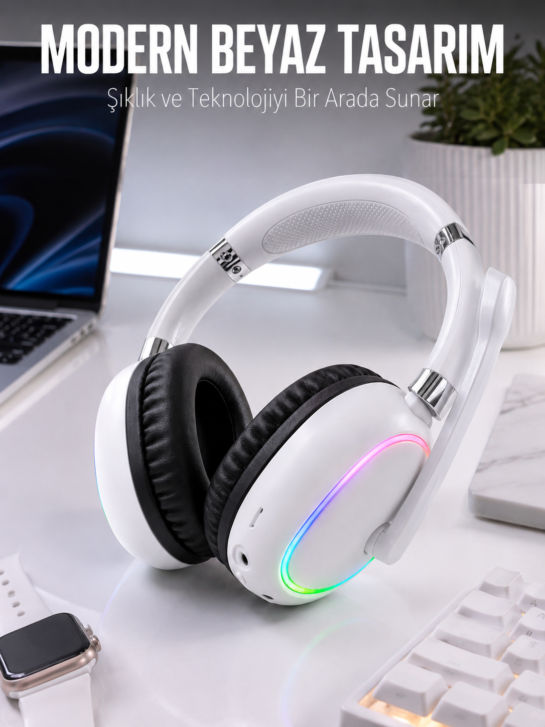 Kablosuz Bluetooth Mikrofonlu Beyaz Kulaklık RGB Işıklı - Lisinya Kablosuz Bluetooth Mikrofonlu Beyaz Kulaklık RGB Işıklı - Lisinya
