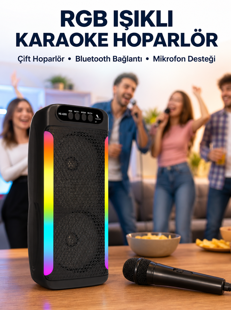 RGB Işıklı Çift Hoparlörlü Taşınabilir Bluetooth Speaker ve Mikrofon Yeni Nesil - Lisinya
