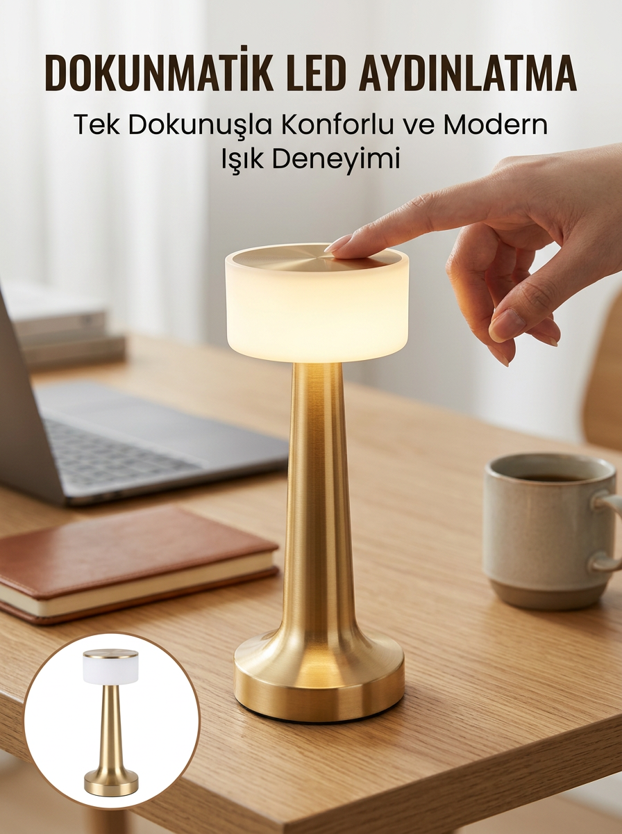 Kablosuz Renkli Masa ve Gece Lambası Altın Rengi Dokunmatik Led Lamba Yeni Nesil - Lisinya