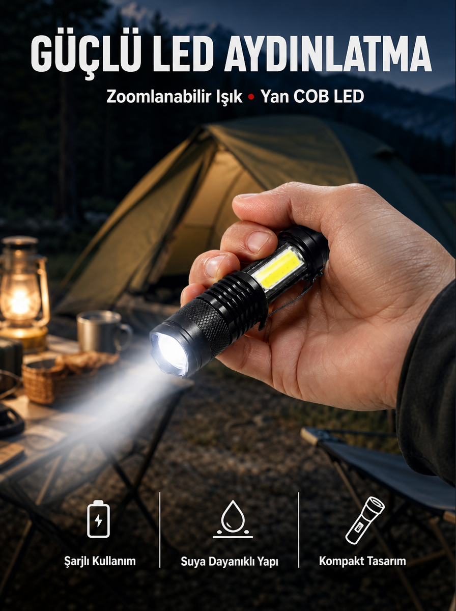 Mini Boy LED El Feneri - 2000 Lümen, Su Geçirmez Tasarım Yeni Nesil - Lisinya Mini Boy LED El Feneri - 2000 Lümen, Su Geçirmez Tasarım Yeni Nesil - Lisinya