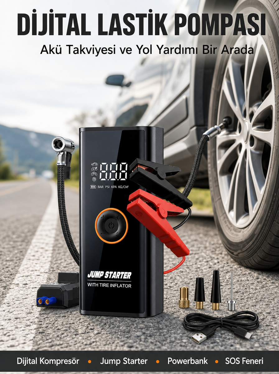 Çok Fonksiyonlu Araç Yol Yardım Kiti Jump Starter ve Lastik Pompası Yeni Nesil - Lisinya