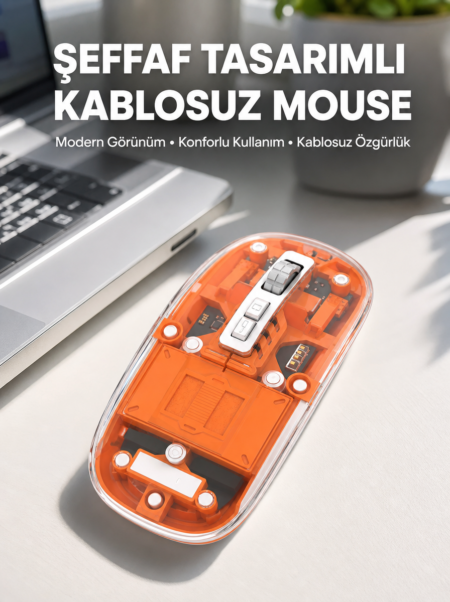 Mouse Fare Kablosuz Mouse Fare Şarjlı Bluetooth Sessiz 5 Tuşlu Şeffaf - Lisinya