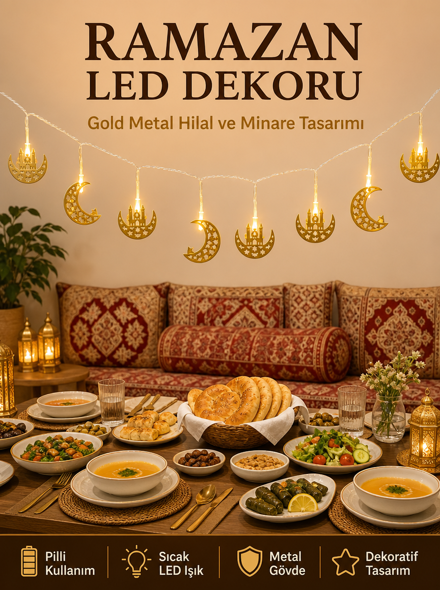 Minareli Hilal LED Işık Gold Metal Gövdeli Pilli Ramazan Dekoru - Lisinya