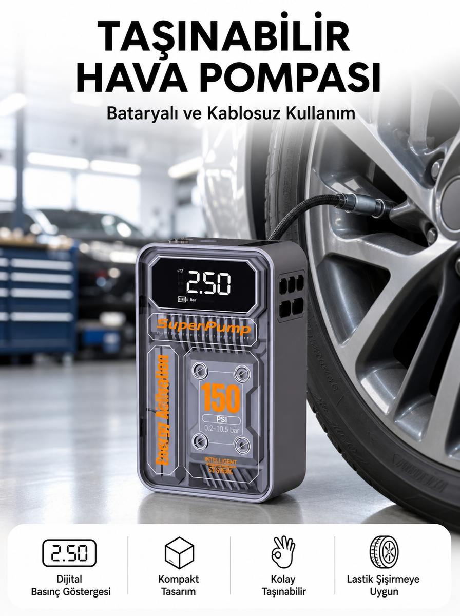 6000mAh Bataryalı LED Ekranlı Akıllı Hava Kompresörü - Lisinya