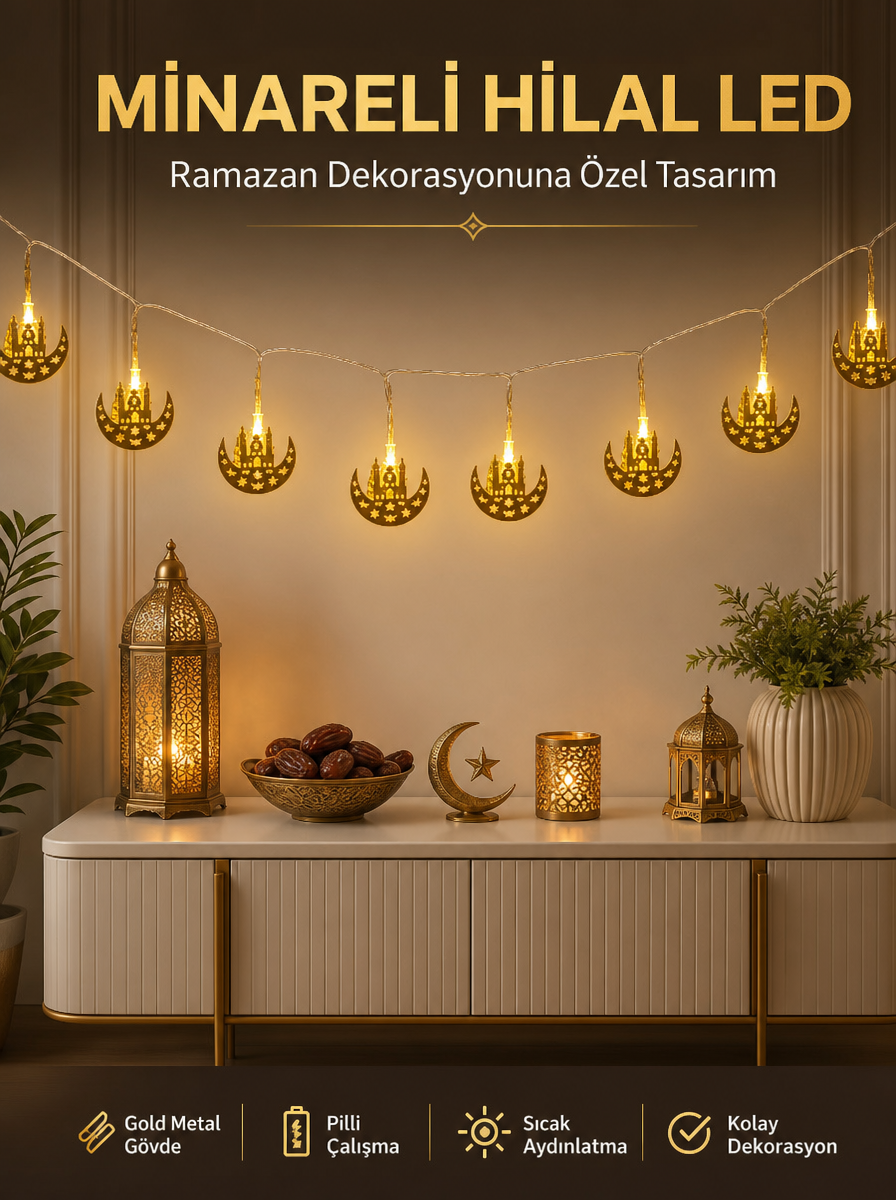 Dekoratif Minareli Hilal LED Işık Metal Gövdeli Ramazan Aydınlatma - Lisinya Dekoratif Minareli Hilal LED Işık Metal Gövdeli Ramazan Aydınlatma - Lisinya