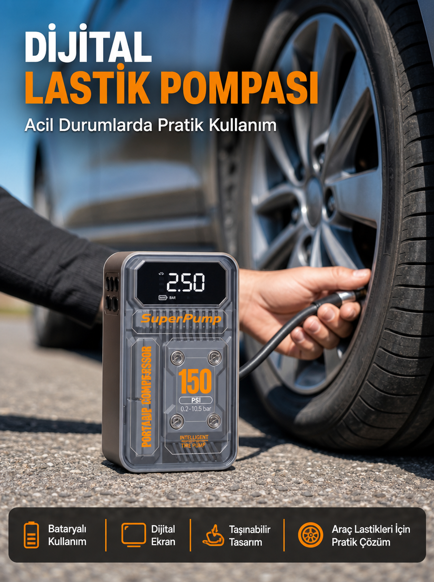 150 PSI Kablosuz Dijital Ekranlı Taşınabilir Araç Lastik Pompası - Lisinya