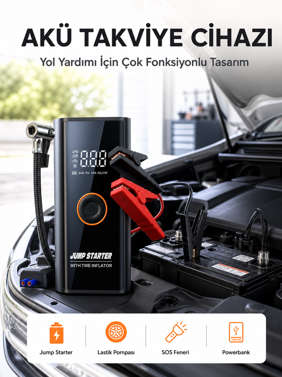SOS Fenerli Akü Takviye Cihazı Dijital Kompresör Powerbank Yeni Nesil - Lisinya