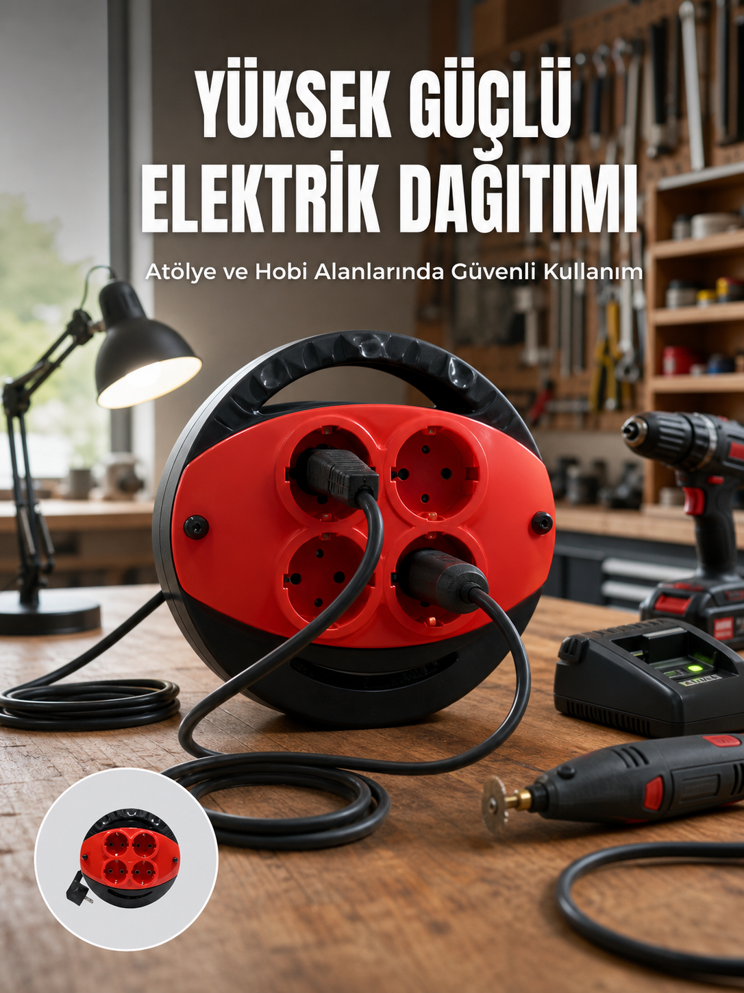 5 Metre Uzatma Kablolu 4 Prizli Makara Kırmızı - Lisinya 5 Metre Uzatma Kablolu 4 Prizli Makara Kırmızı - Lisinya