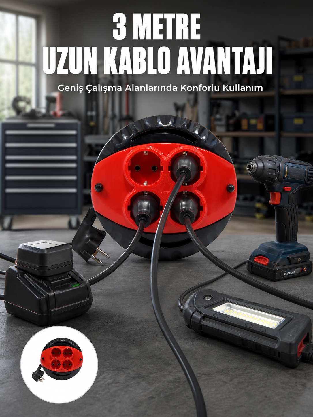 3 Metre Kablolu 4’lü Kırmızı Priz Makara - Lisinya 3 Metre Kablolu 4’lü Kırmızı Priz Makara - Lisinya