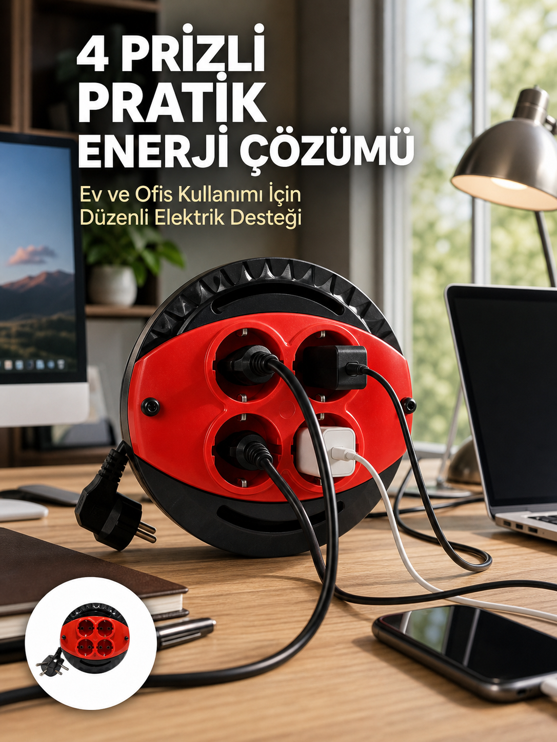 3 Metre Uzatma Kablolu 4 Prizli Makara Kırmızı - Lisinya 3 Metre Uzatma Kablolu 4 Prizli Makara Kırmızı - Lisinya
