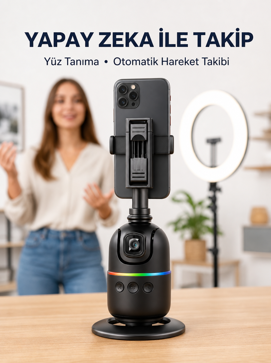 Telefon ve Kamera Uyumlu 360° Otomatik Takipli Akıllı Masa Tripodu Yeni Nesil - Lisinya