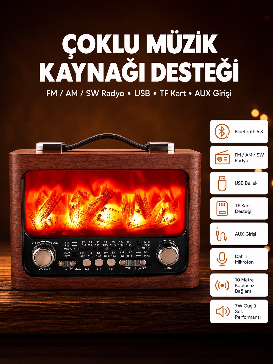 Solar Panelli Alev Işıklı Bluetooth Hoparlör – Çoklu Giriş, Uzun Pil Ömrü - Lisinya