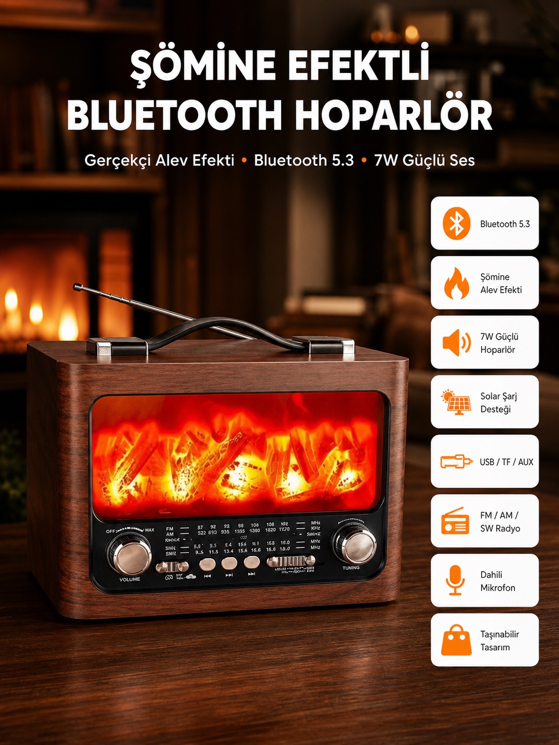 Solar Şarjlı Şömine Işıklı Bluetooth Hoparlör – Radyo, USB, TF Kart Destekli - Lisinya