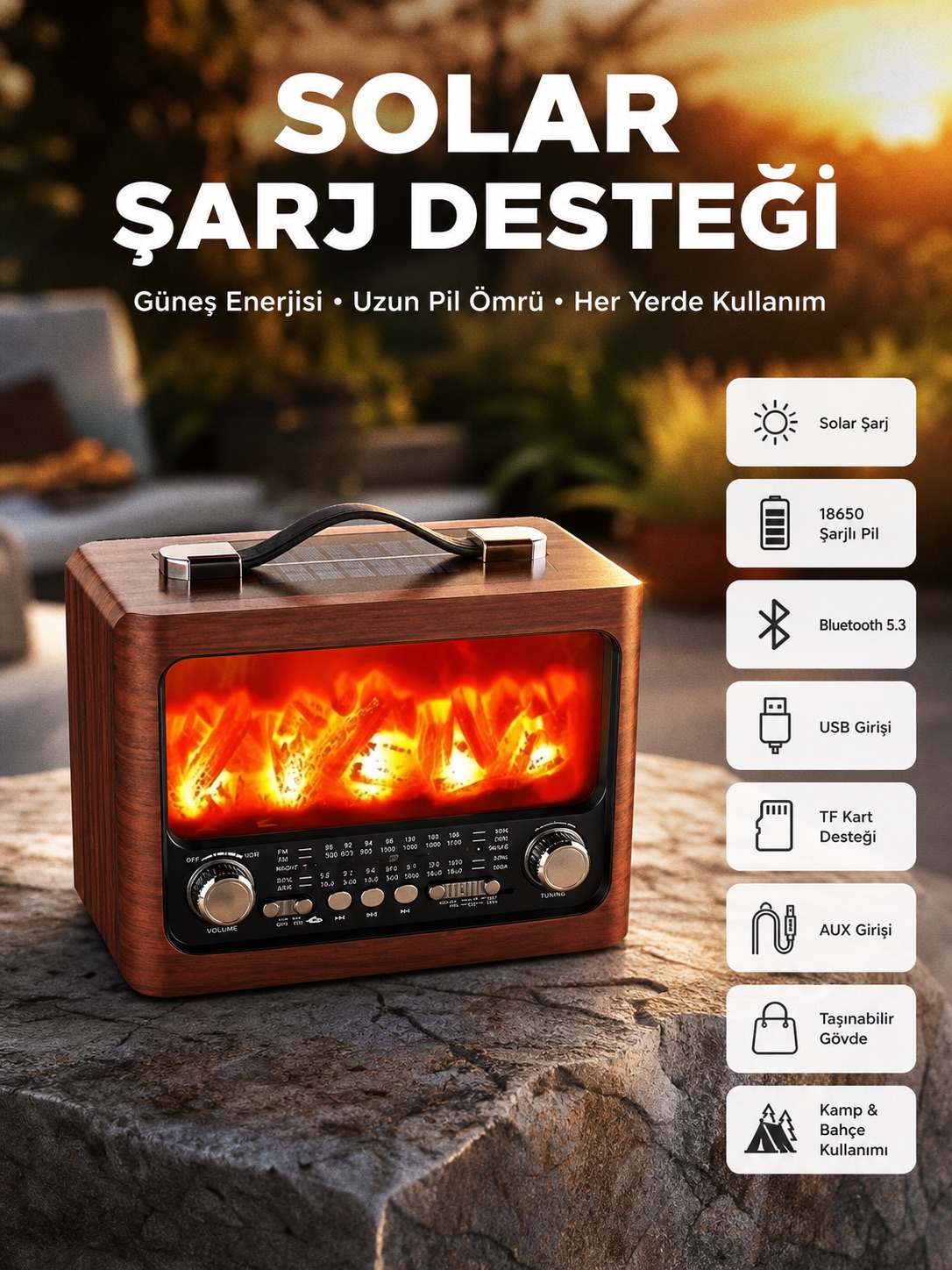 Taşınabilir Şömine Görünümlü Bluetooth Hoparlör – Solar Şarjlı, Alev Işıklı, 7W Ses - Lisinya