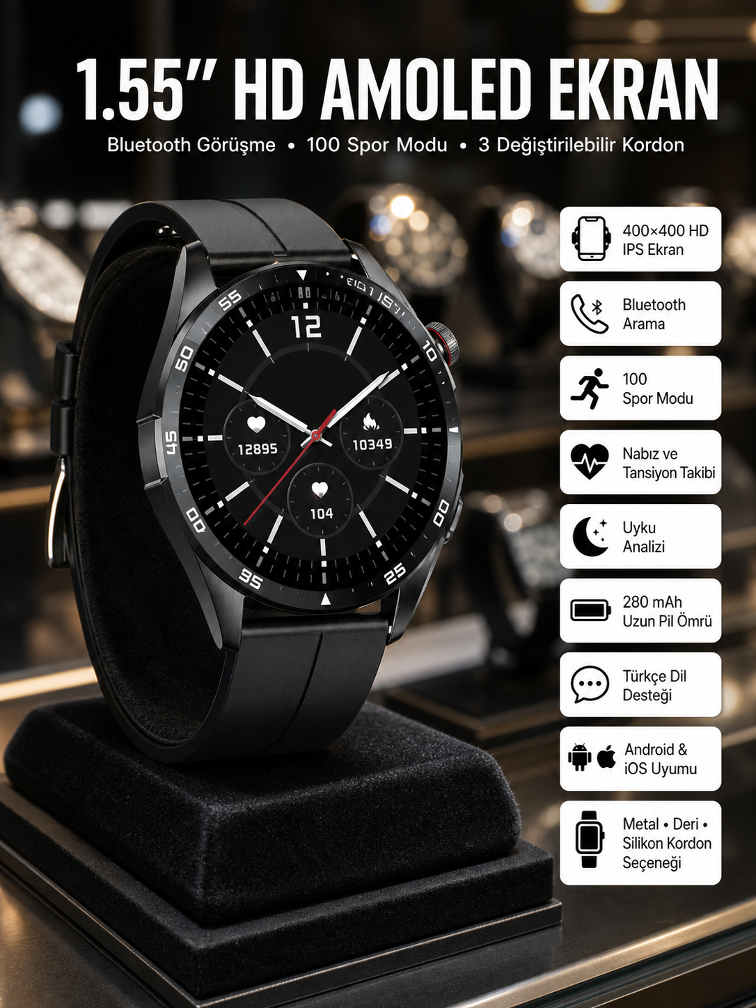 Amoled Ekran 3 Kordonlu Akıllı Saat 5.0 Bluetooth Bağlantılı Android ve İOS Uyumlu - Lisinya Amoled Ekran 3 Kordonlu Akıllı Saat 5.0 Bluetooth Bağlantılı Android ve İOS Uyumlu - Lisinya