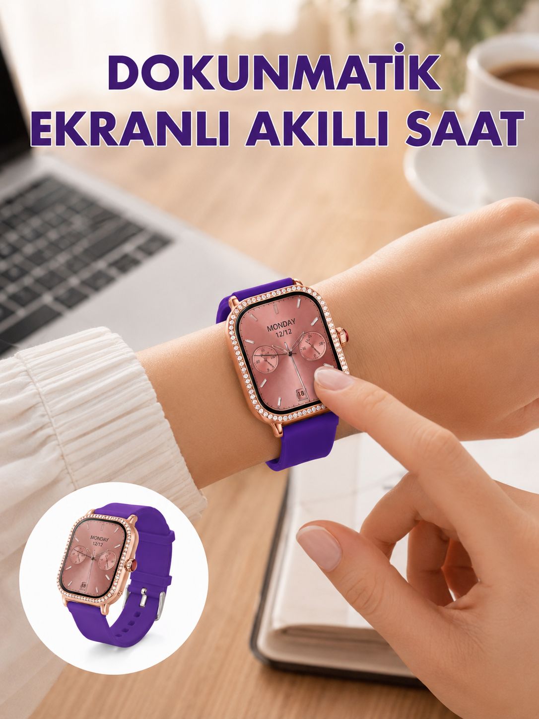Pembe Mor ve Metal Kordonlu Akıllı Saat Hediye Seti - Lisinya