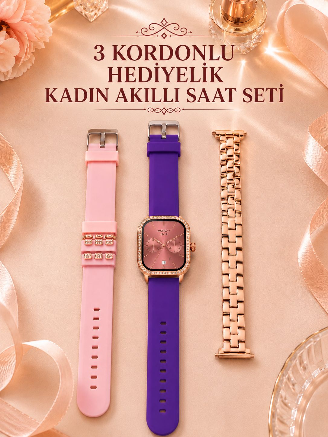 3 Kordonlu Rose Gold Kasalı Kadın Akıllı Saat Seti - Lisinya 3 Kordonlu Rose Gold Kasalı Kadın Akıllı Saat Seti - Lisinya