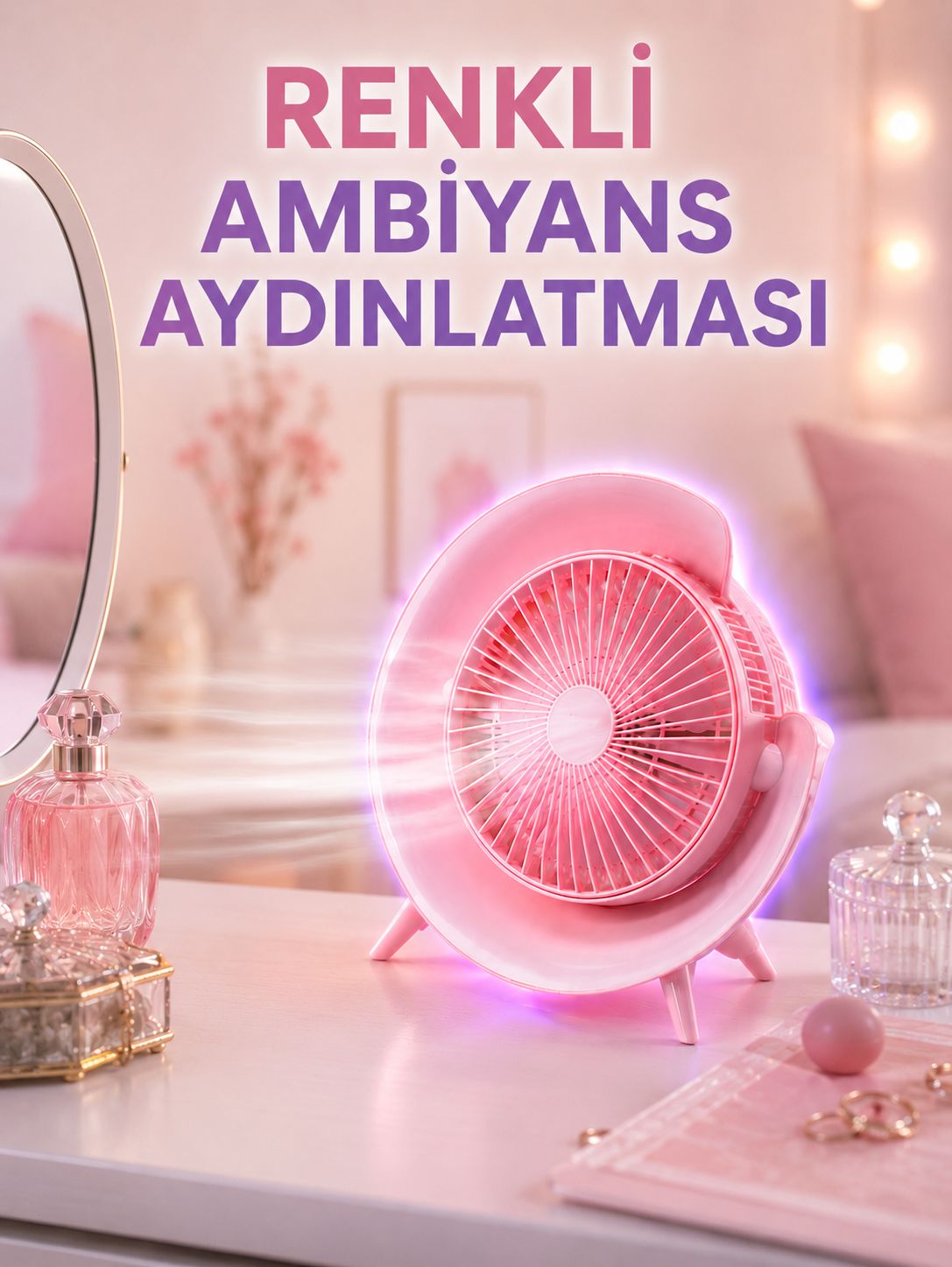 3 Hız Ayarlı USB Şarjlı RGB Masa Fanı - Lisinya