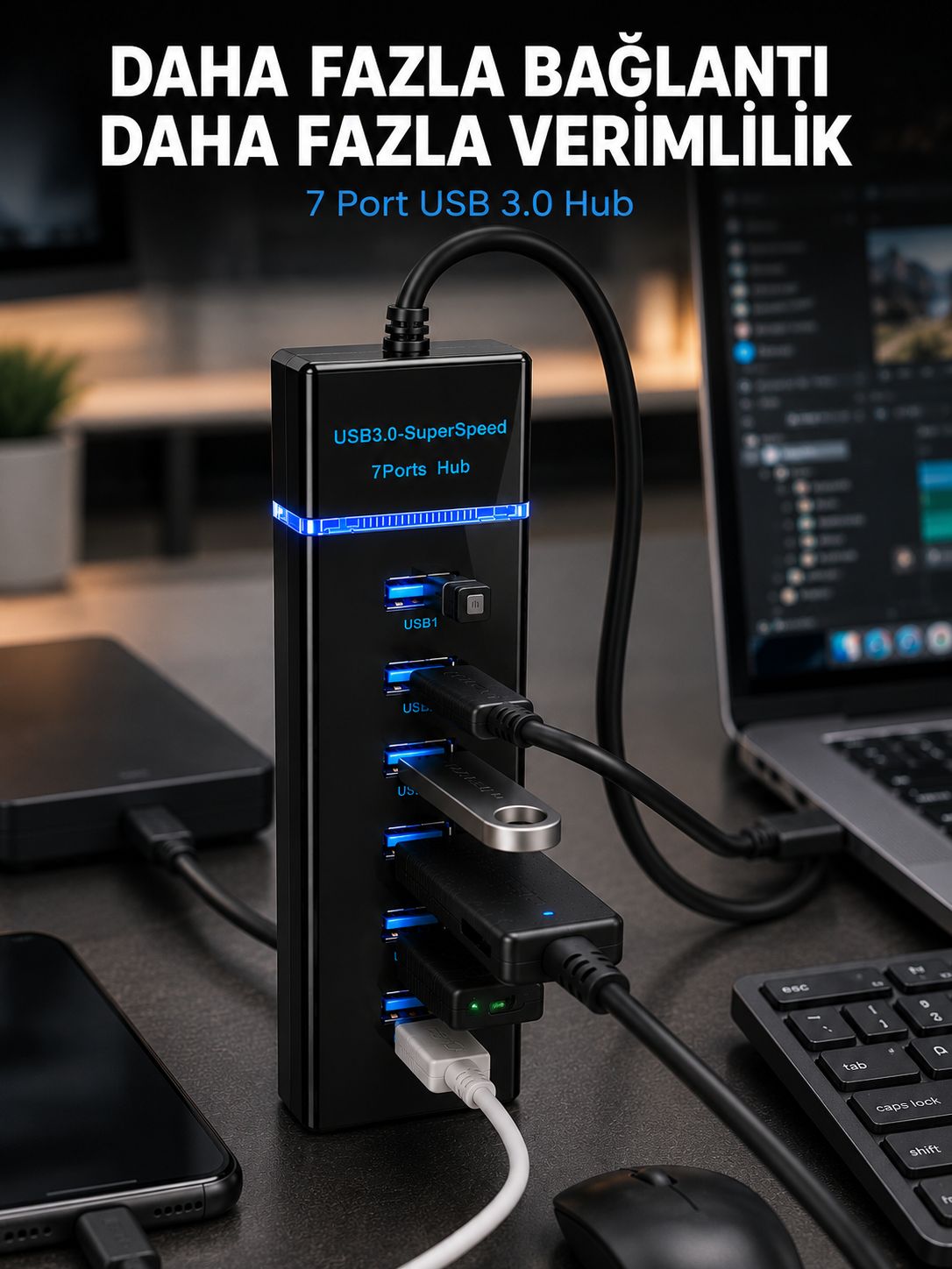 7 Port USB 3.0 Hub 5Gbps Süper Hızlı USB Çoklayıcı - Lisinya 7 Port USB 3.0 Hub 5Gbps Süper Hızlı USB Çoklayıcı - Lisinya