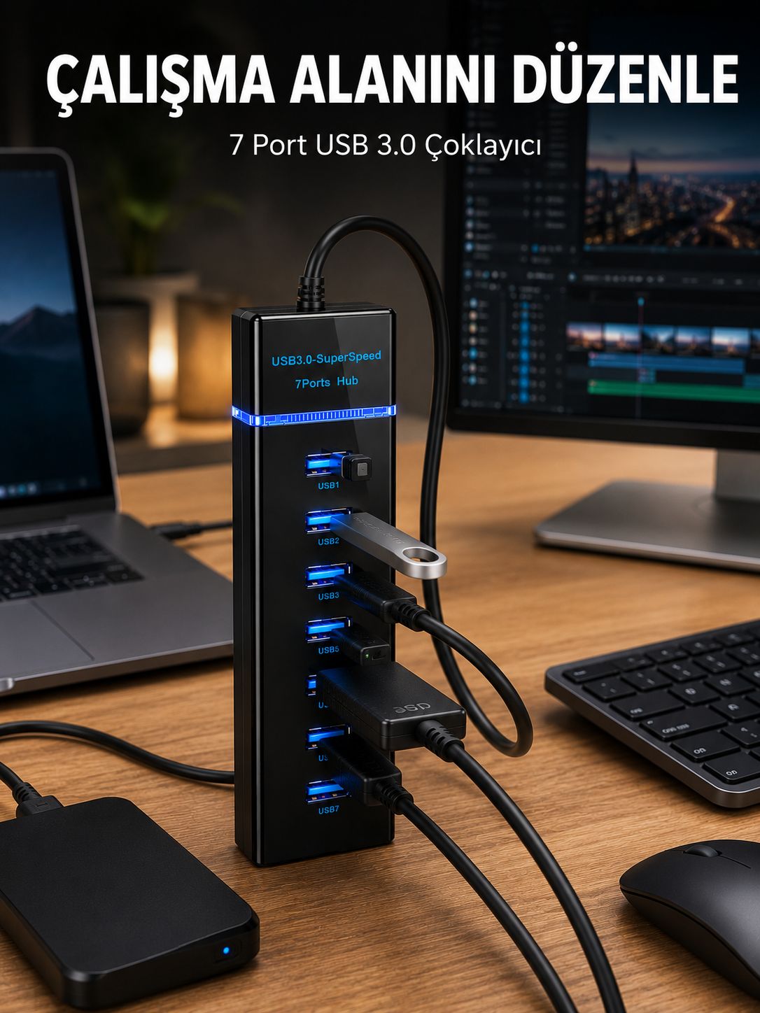 7 Girişli USB 3.0 Hub 5Gbps LED Göstergeli USB Çoğaltıcı - Lisinya 7 Girişli USB 3.0 Hub 5Gbps LED Göstergeli USB Çoğaltıcı - Lisinya
