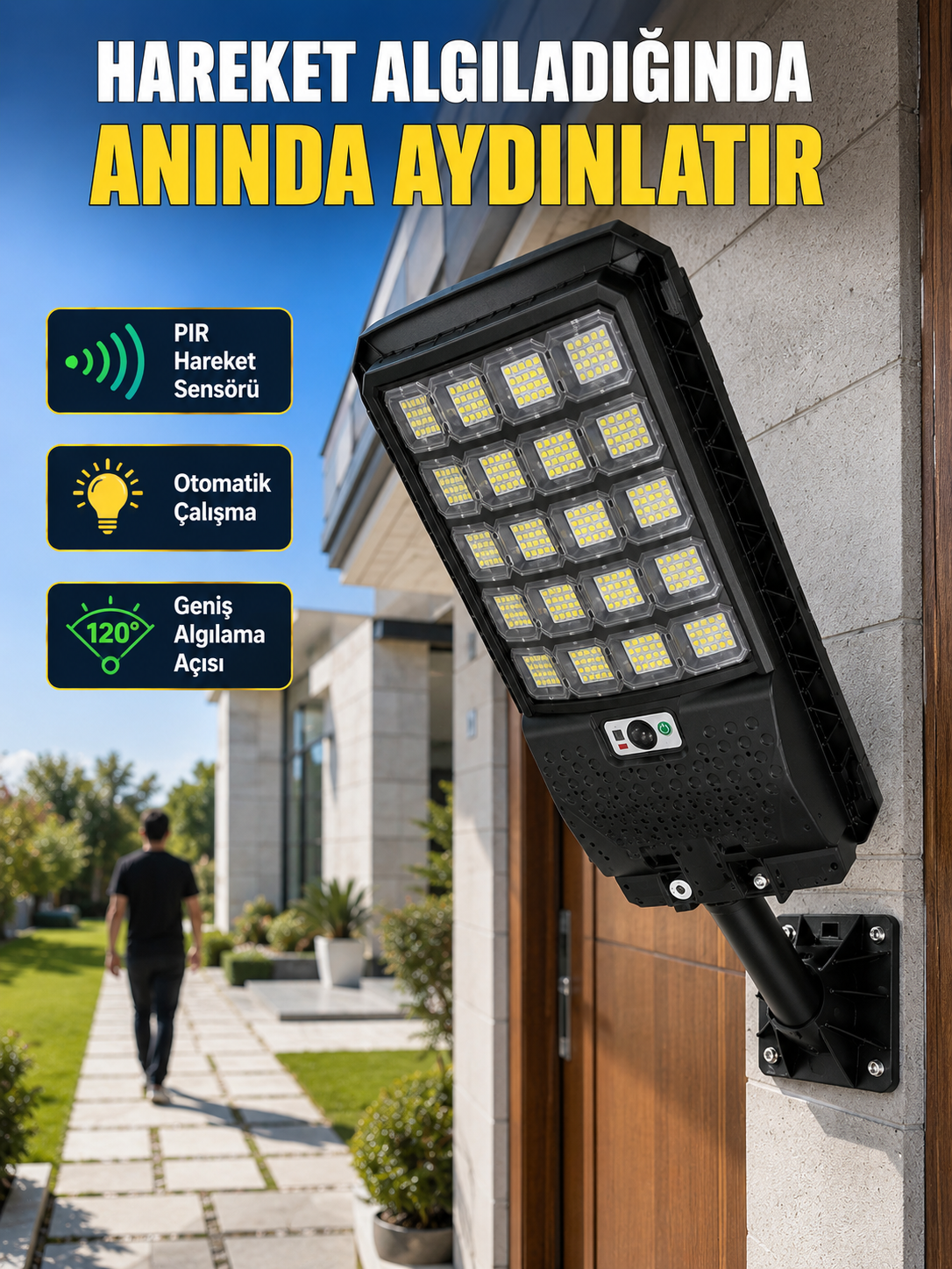 Solar LED Bahçe Lambası Hareket Sensörlü Uzaktan Kumandalı Dış Mekan Aydınlatma - Lisinya