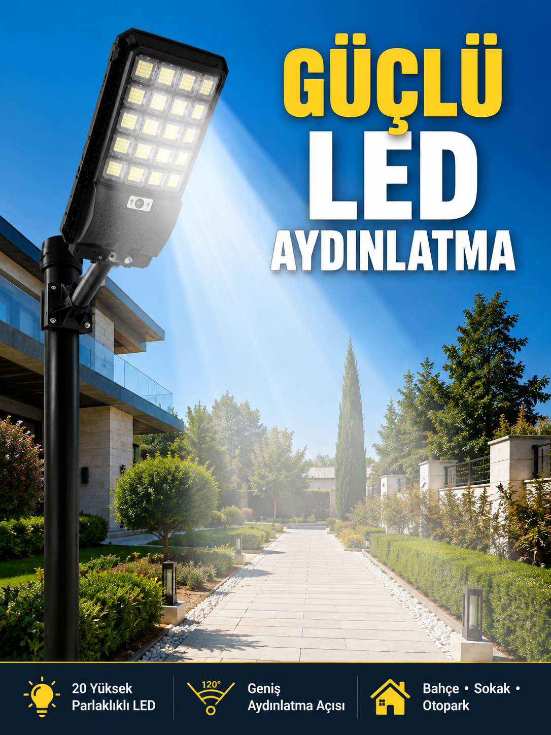 Hareket Sensörlü Solar LED Aydınlatma 3 Modlu Uzaktan Kumandalı Bahçe Lambası - Lisinya