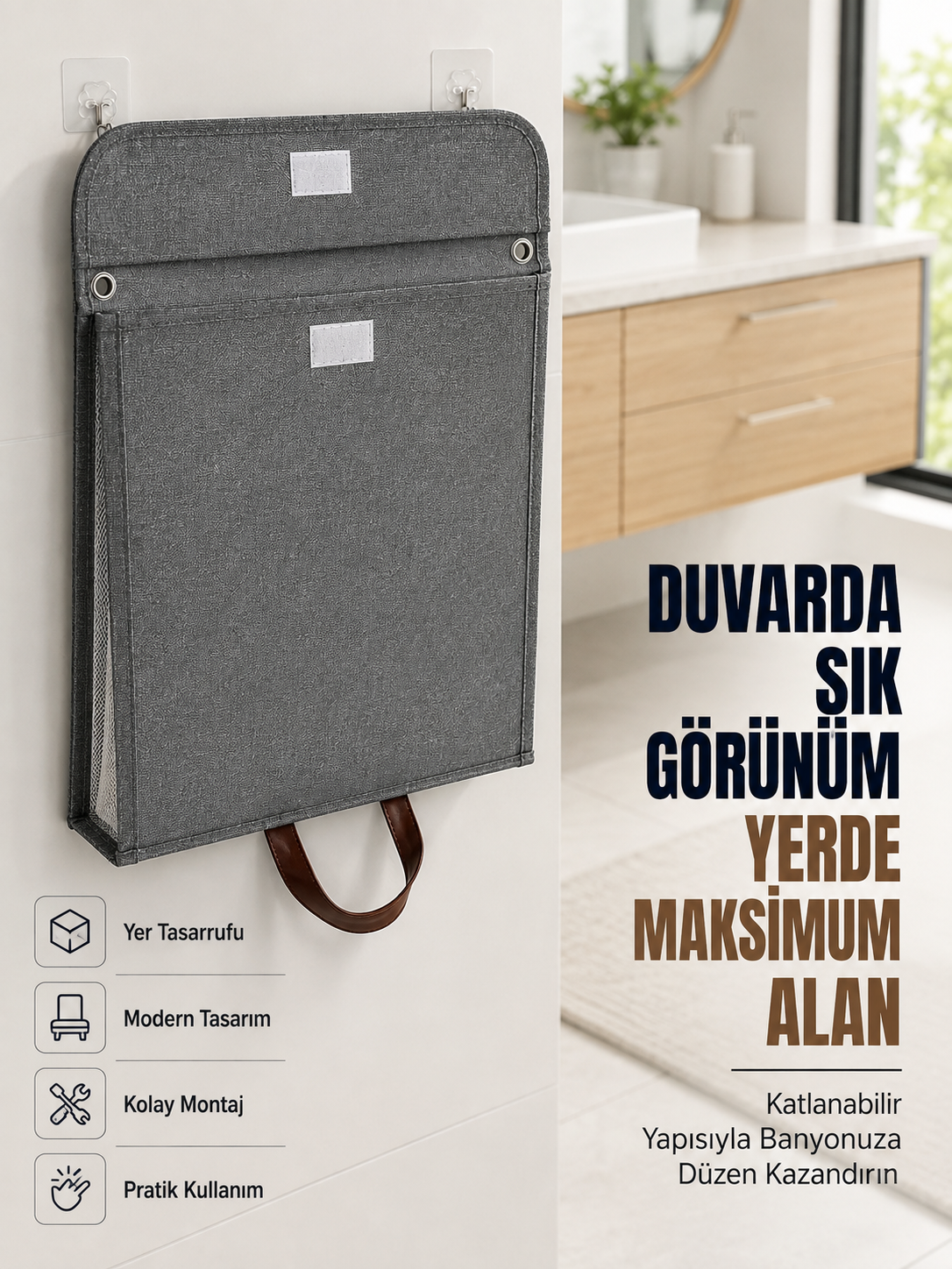 Katlanır Duvar Askılı Çamaşır Sepeti Geniş İç Hacimli Banyo Düzenleyici - Lisinya Katlanır Duvar Askılı Çamaşır Sepeti Geniş İç Hacimli Banyo Düzenleyici - Lisinya