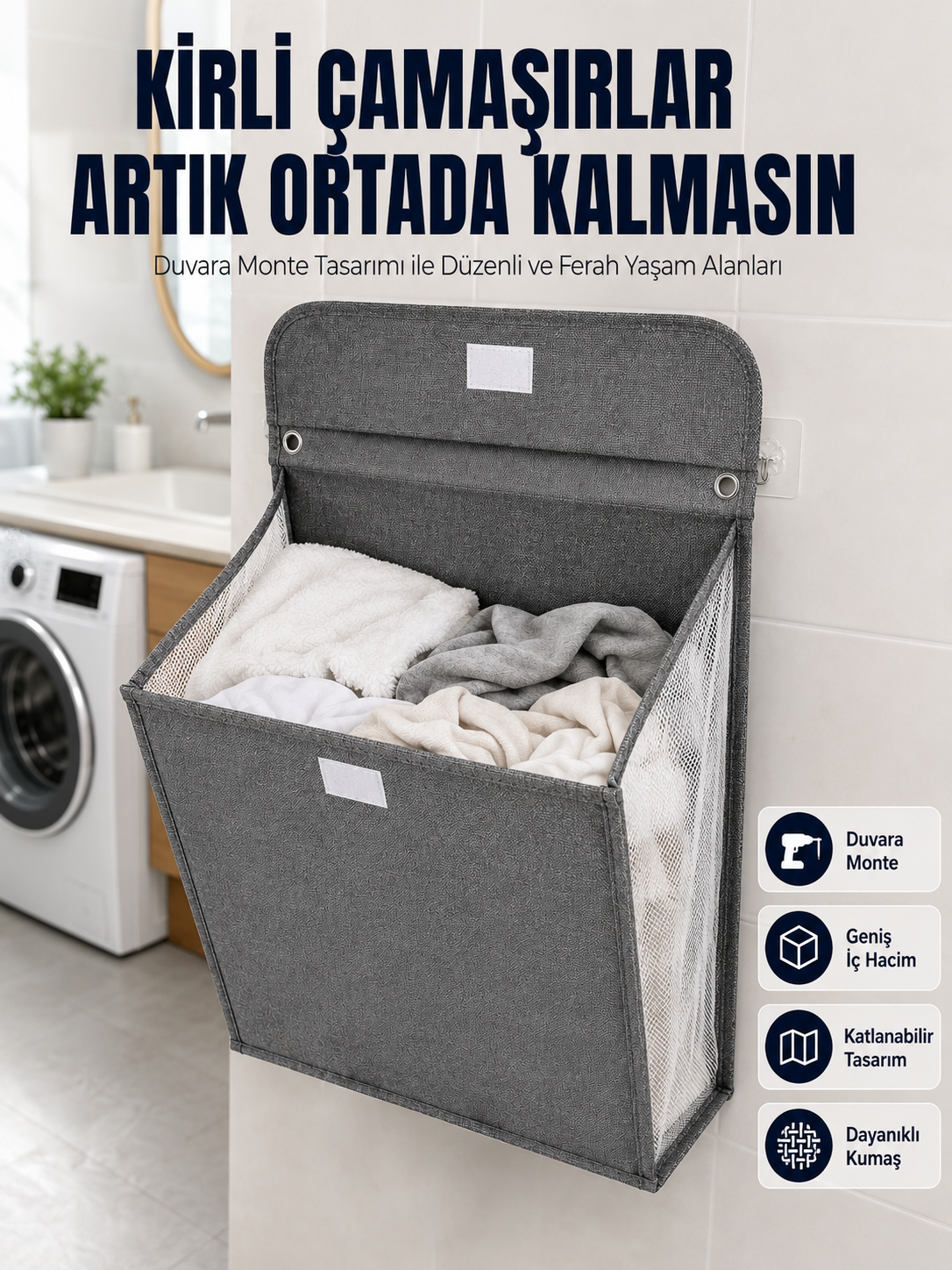 Banyo ve Çamaşır Odası İçin Duvara Asılan Katlanabilir Çamaşır Sepeti - Lisinya Banyo ve Çamaşır Odası İçin Duvara Asılan Katlanabilir Çamaşır Sepeti - Lisinya