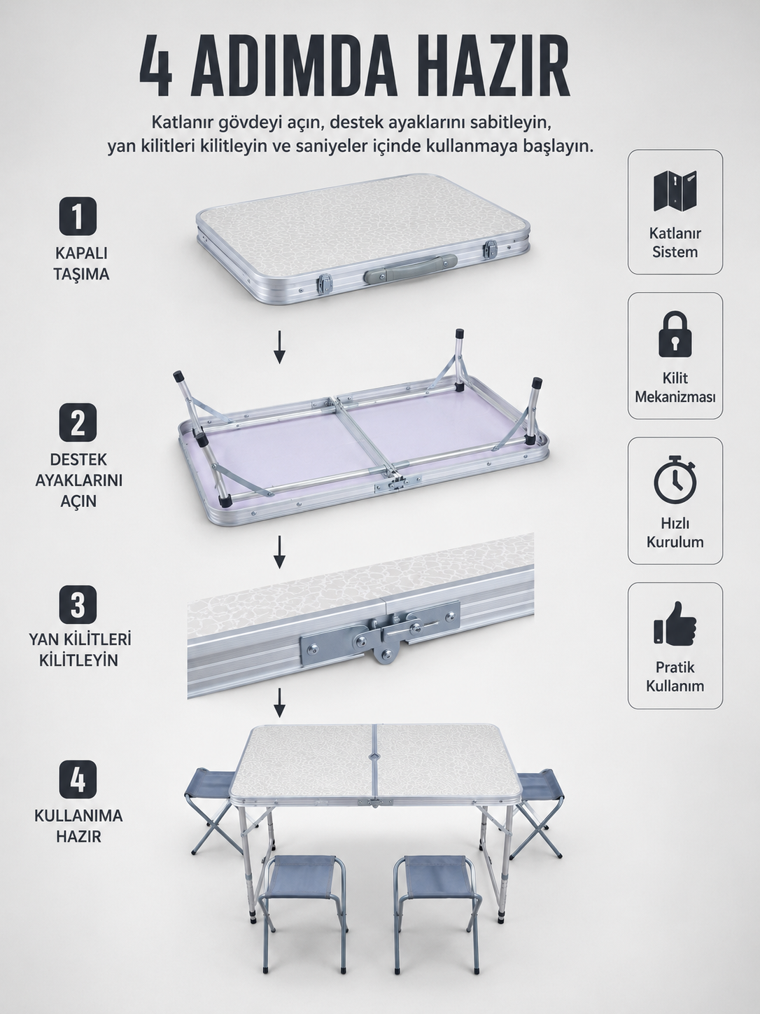 Valiz Tipi Katlanabilir Piknik Masası 4 Tabureli Taşınabilir Kamp Masası - Lisinya Valiz Tipi Katlanabilir Piknik Masası 4 Tabureli Taşınabilir Kamp Masası - Lisinya