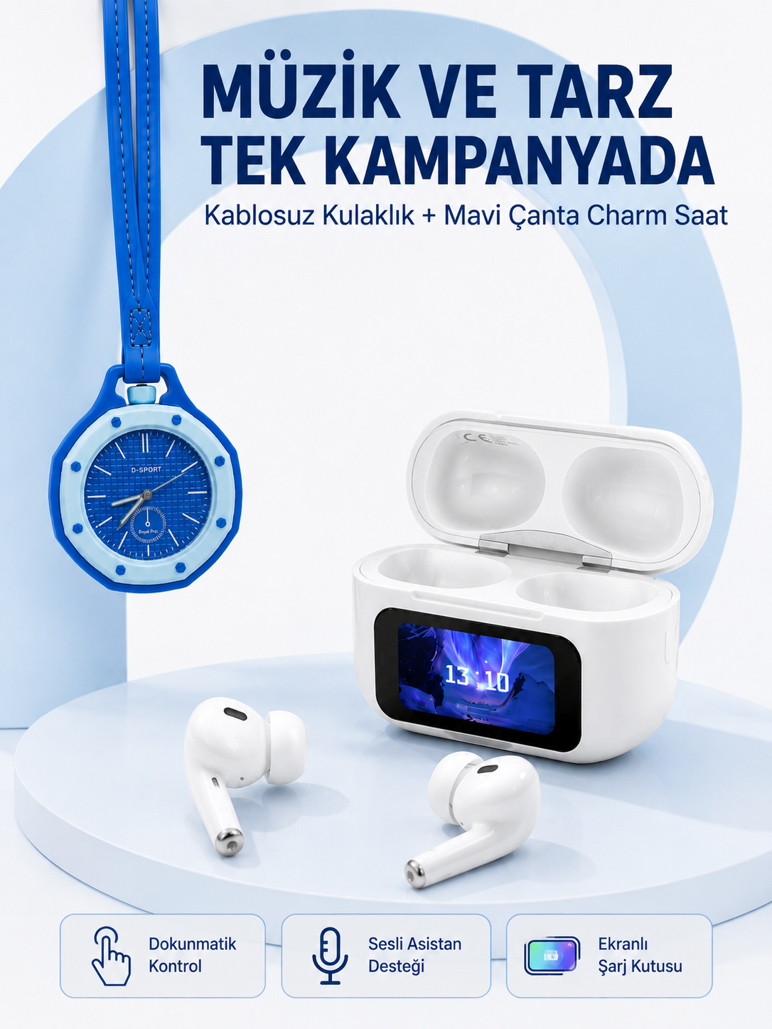Ekranlı Kablosuz Kulaklık ve Mavi Çanta Charm Saat Kampanya Seti - Lisinya Ekranlı Kablosuz Kulaklık ve Mavi Çanta Charm Saat Kampanya Seti - Lisinya